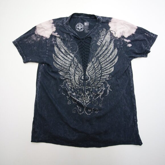 Affliction Womens T-Shirt Medium Embellished Wings Graphic Woven Cutout Grey Y2K - Picture 4 of 12